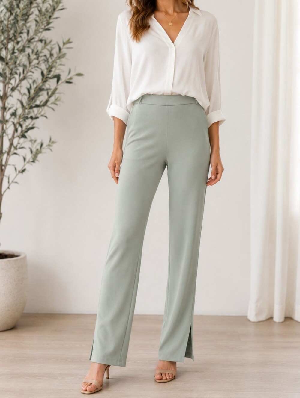 Zara Soft Sage Green Pull-On Straight Leg Pants Side Slit Hem Size S
